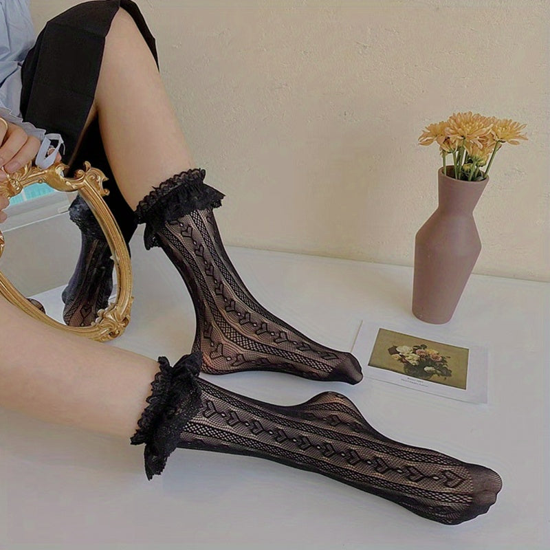 Heart Print Ruffle Socks Lace Women's Stockings