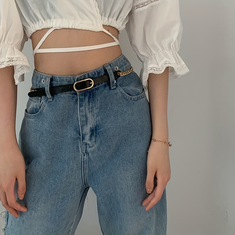 Stylish Oval Buckle Chain Belt PU Leather Thin Belt for Women