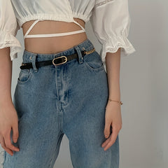 Stylish Oval Buckle Chain Belt PU Leather Thin Belt for Women