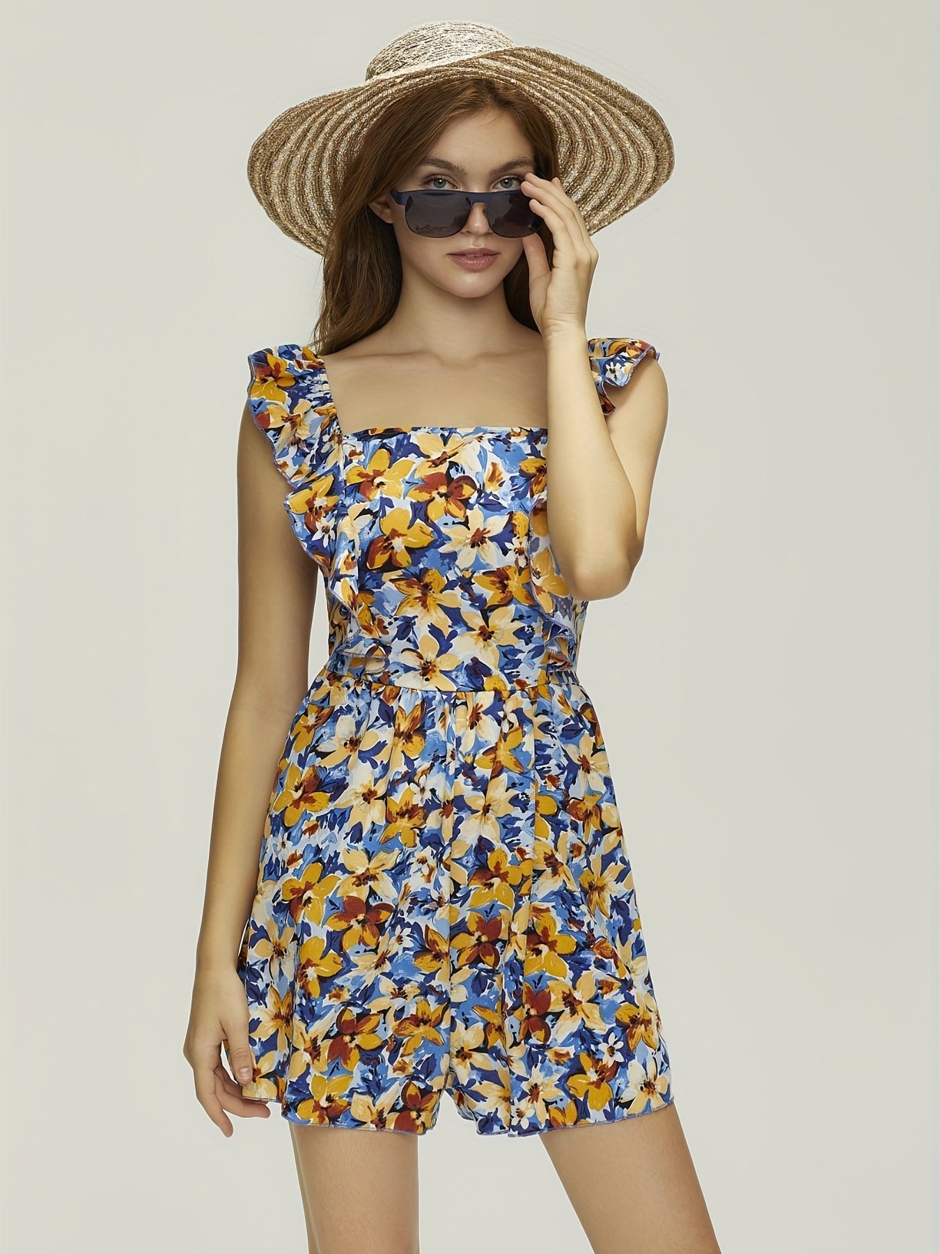 Floral Print Sleeveless Romper Jumpsuit Boho Ruffle Trim Tie Back