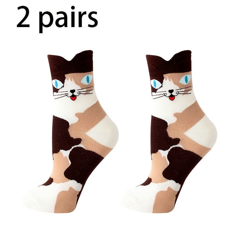 2 Pairs Cartoon Cat Print Socks Women's Stockings