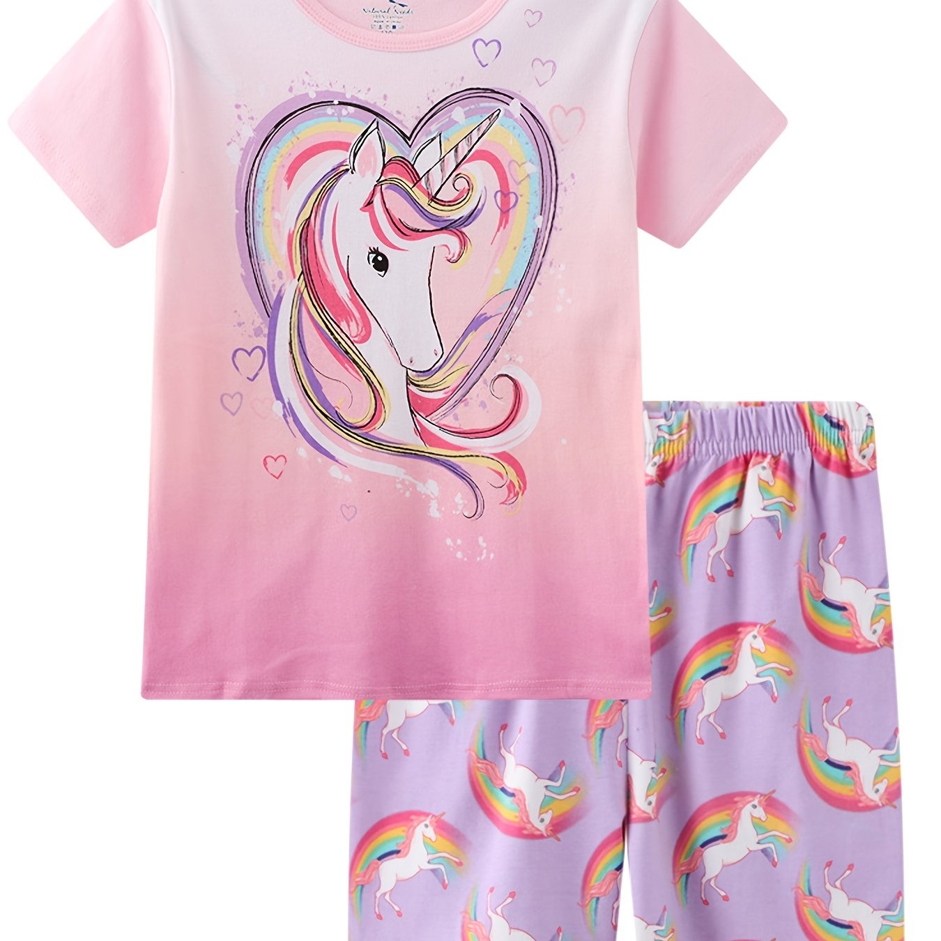 Girls Unicorn Pajama Set Short Sleeve T-shirt Shorts Summer