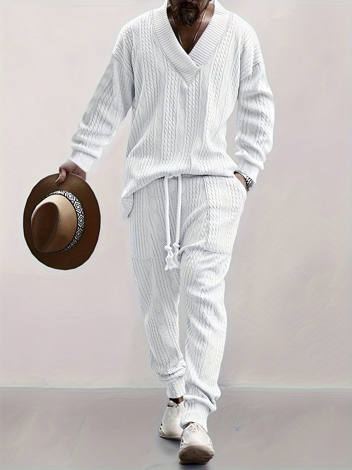 Men's Jacquard V-Neck Sweatshirt & Drawstring Sweatpants Set