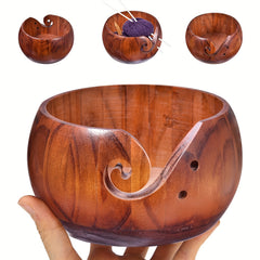 Wooden Yarn Bowl Crochet Wool Thread Storage Holder Carved Hole