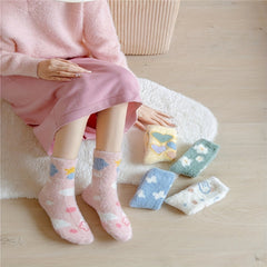 5 Pairs Heart & Floral Print Socks Fuzzy Warm Women's Stockings