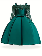 Toddler Girls Off Shoulder Lace Long Sleeve Dress for Party Birthday Gown