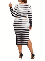 Sexy Striped Crop Top & Split Bodycon Skirt Set