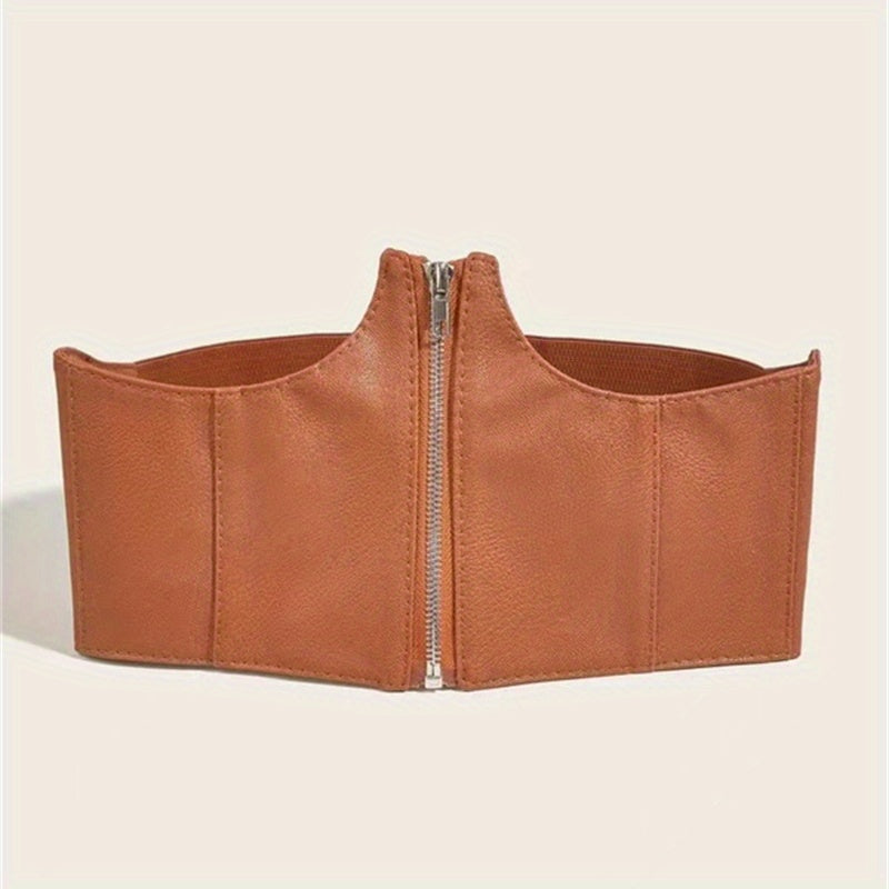 Wide Waistband Lychee Pattern Embossed Zipper Corset Belt for Women
