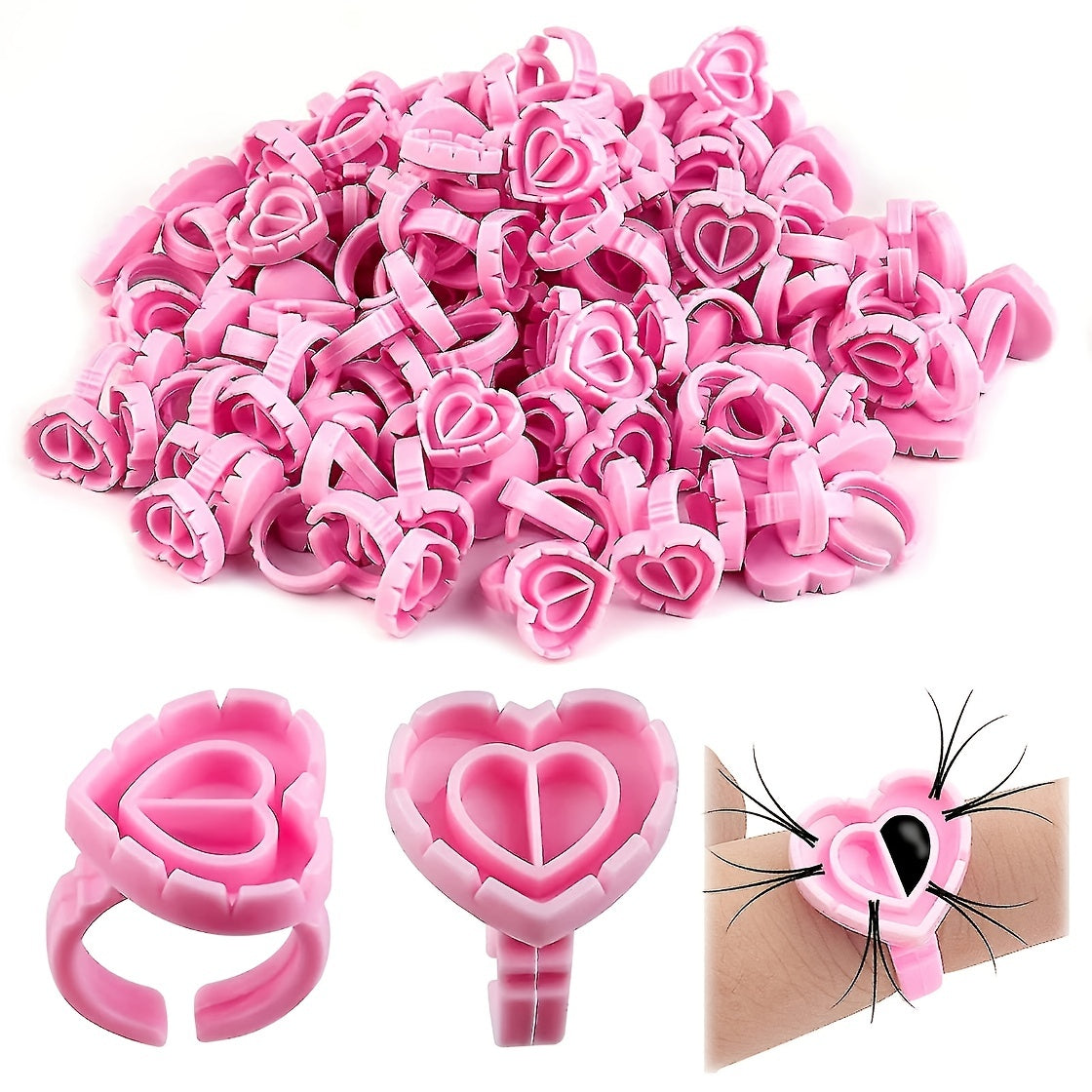 100PCS Glue Rings Eyelash Extensions Lovely Heart Shape Cups Lash Supplies