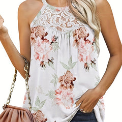 Floral Print Halter Neck Tank Top with Lace Detail