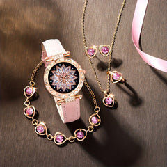 1pc Rhinestone Quartz Watch & 5pcs Purple Jewelry Set for Kids