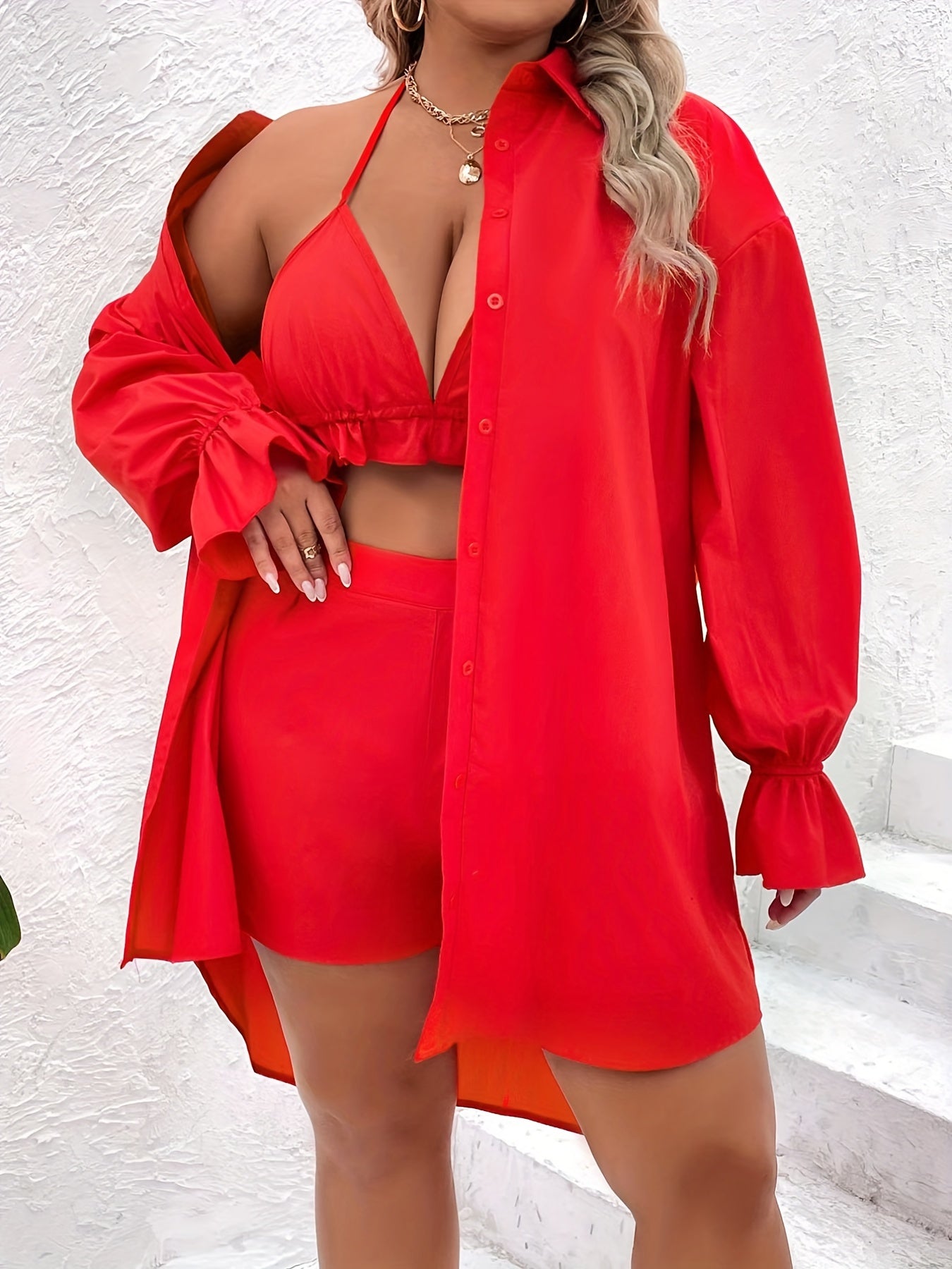 3 Piece Set Solid Button Blouse & Bra & Shorts Outfit
