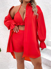 3 Piece Set Solid Button Blouse & Bra & Shorts Outfit