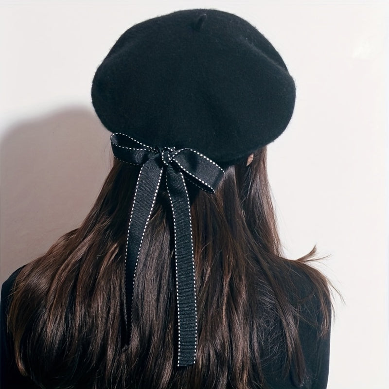 Ribbon Bowknot Decor Beret Cap Lightweight Painter Warm Beret
