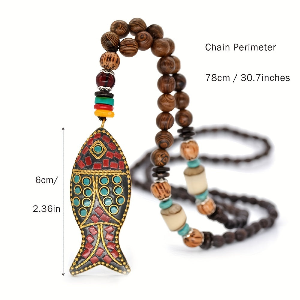 Vintage Nepal Ethnic Style Fish Pendant Long Beaded Necklace