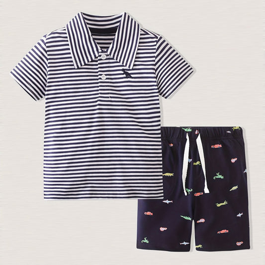 Cartoon Car Shorts & Striped T Shirt Set for Kids