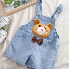 Bear Embroidered Suspender Shorts with Pockets for Kids