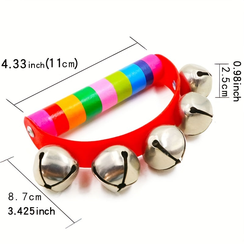 Wood Leather 5 Bell Half Round Hand Ring Music Children Grasp Toy