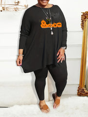 Pumpkin & Cat Print Long Sleeve Tee & Leggings Pajama Set
