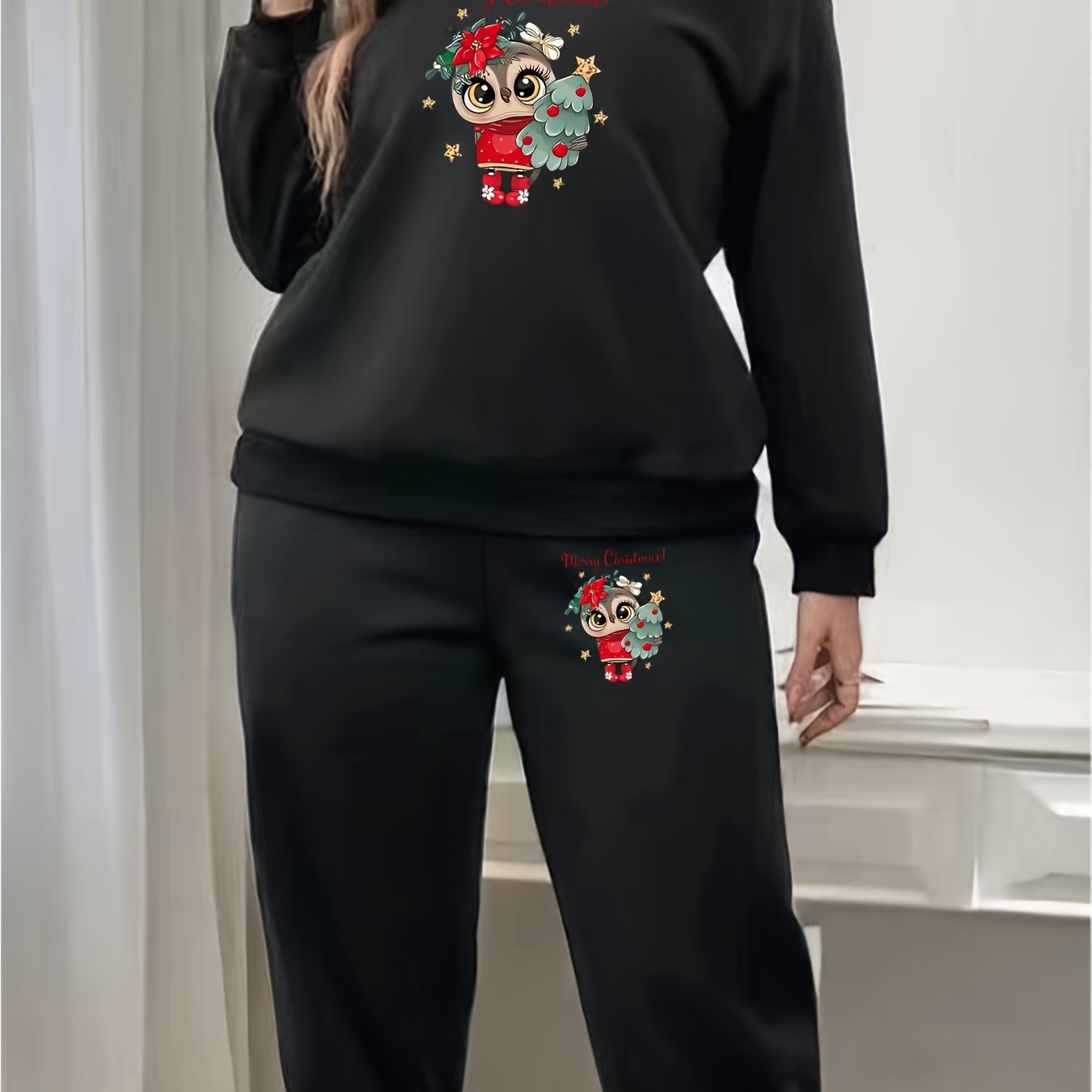 Women's Plus Owl & Tree Print Fleece Pullover & Joggers Set