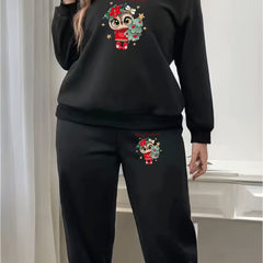Women's Plus Owl & Tree Print Fleece Pullover & Joggers Set