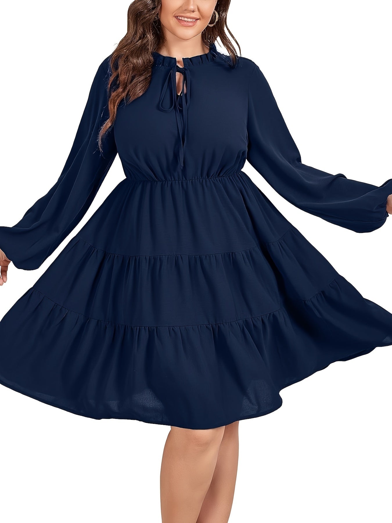 Casual Dress Women's Solid Long Sleeve Round Neck Smock Tie Dress