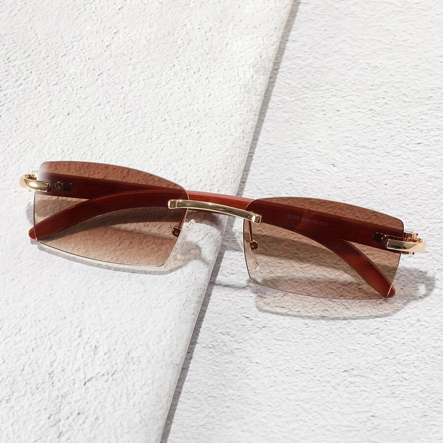 Men's Rimless Brown Tint Rectangular Vintage Wood Grain Sunglasses