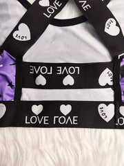 Skull & Bat Print Letter Tape Crisscross Back Bralette