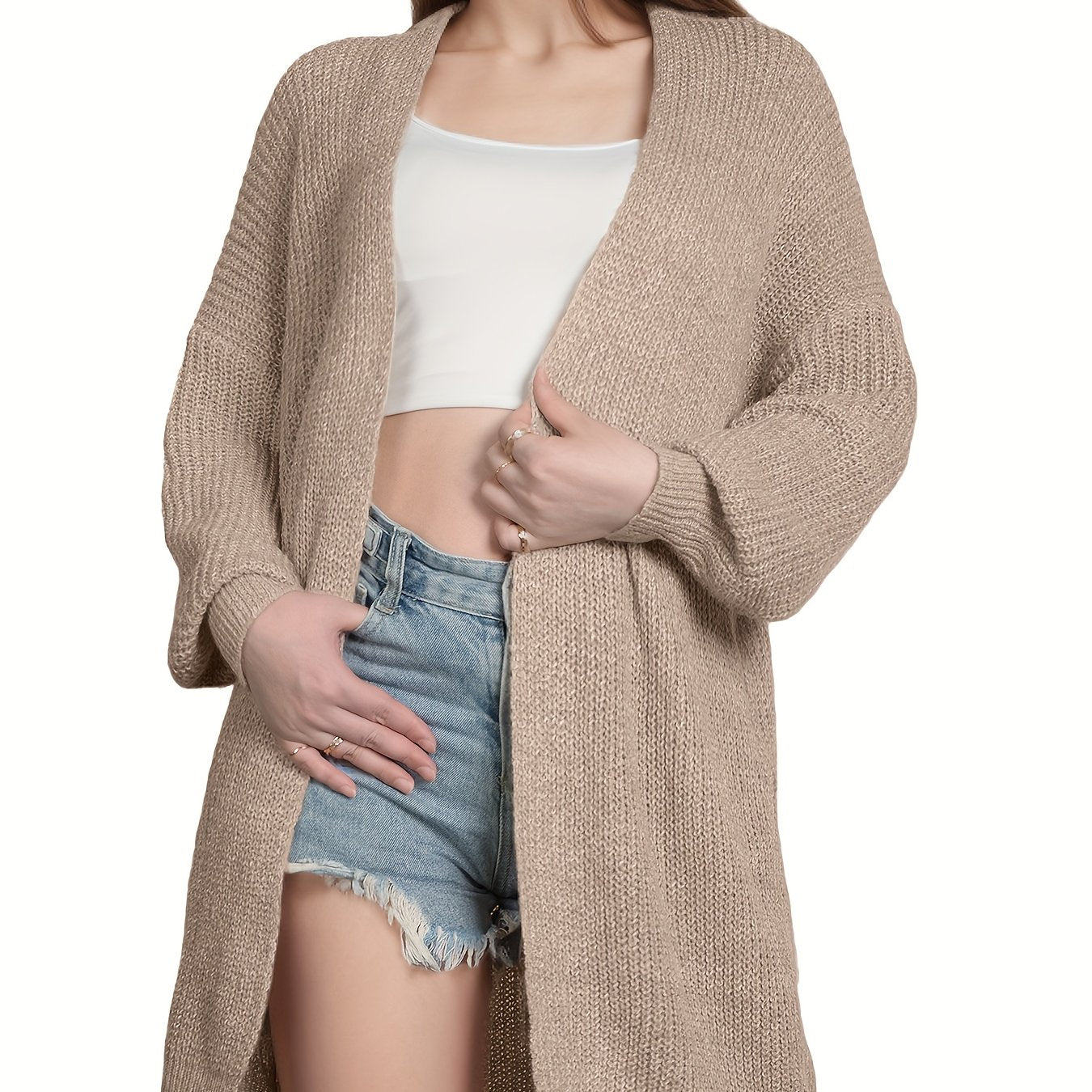Drop Shoulder Knit Cardigan Open Front Long Sleeve Sweater