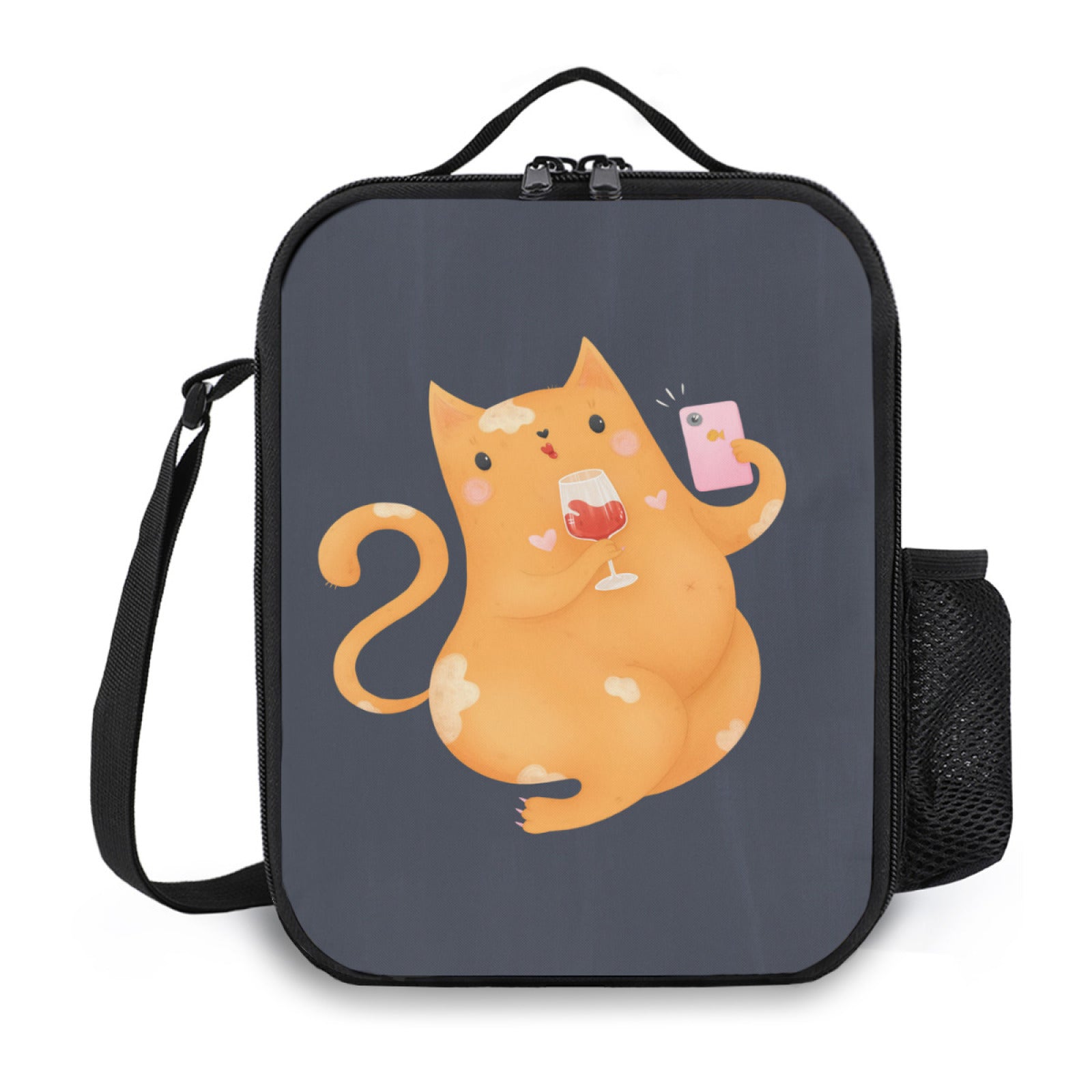 3D Cat & Wine Printed Lunch Bag - Funny Pattern Teen Lunch Tote Box