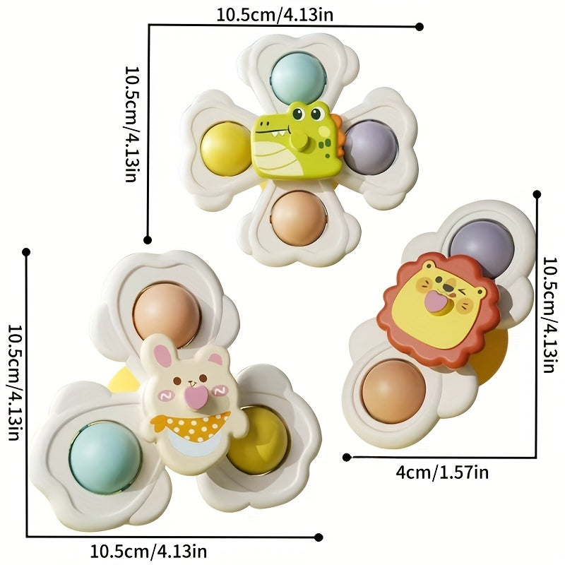 3pcs Kids Bathtub Suction Cup Rotating Toys - Colorful Cartoon Design