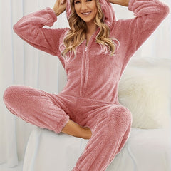 Fuzzy Hooded Pajama Jumpsuit Long Sleeve Zipper Pajamas