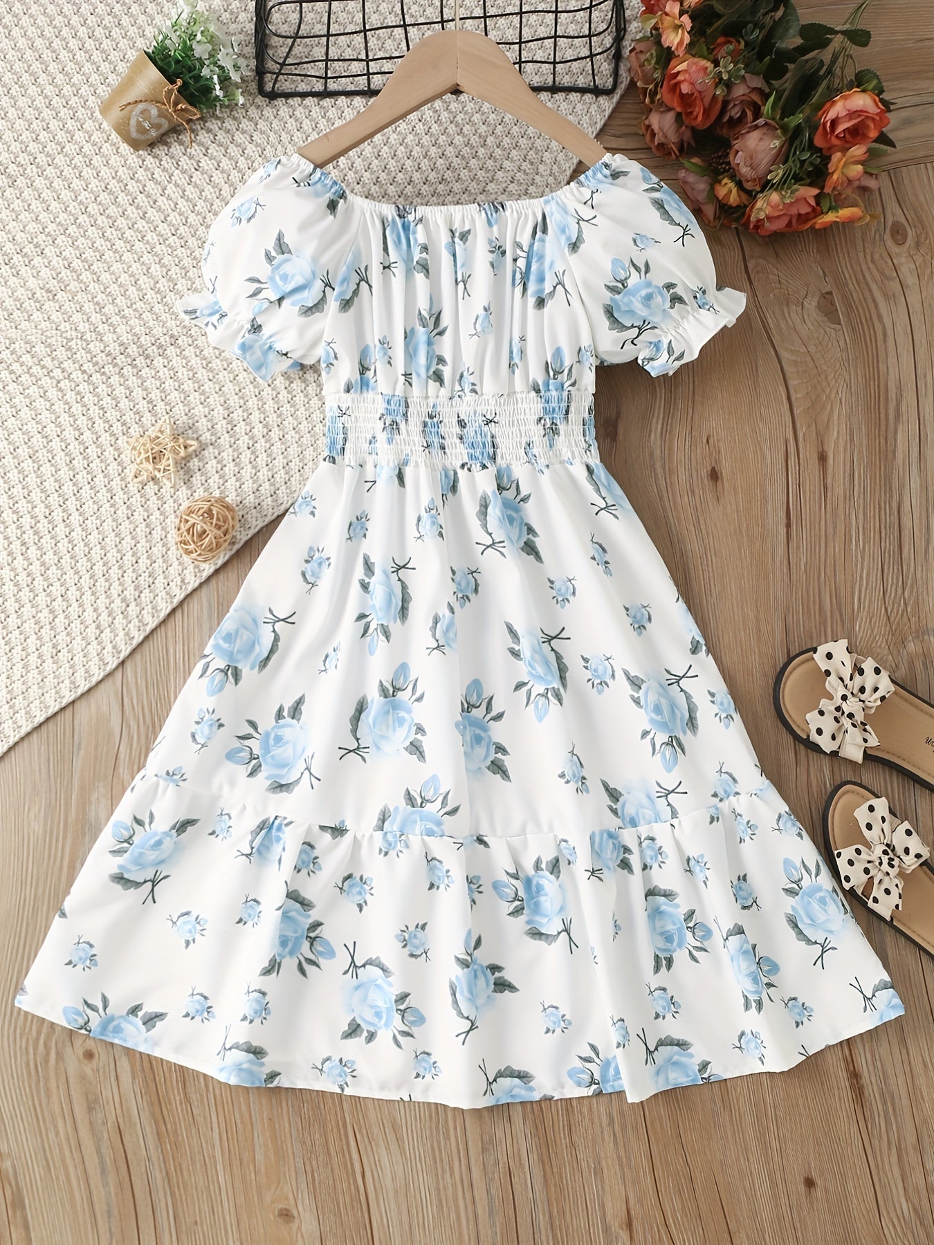 Girls Floral Dress Stretchy Waist Swing Dresses Short Sleeve