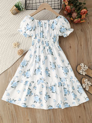 Girls Floral Dress Stretchy Waist Swing Dresses Short Sleeve