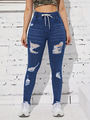 Ripped Holes Straight Jeans Slash Pockets Drawstring Elastic Waist Denim Pants