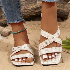 Crocodile Pattern Slide Sandals Square Toe Flat Summer Shoes Rhinestone Decor