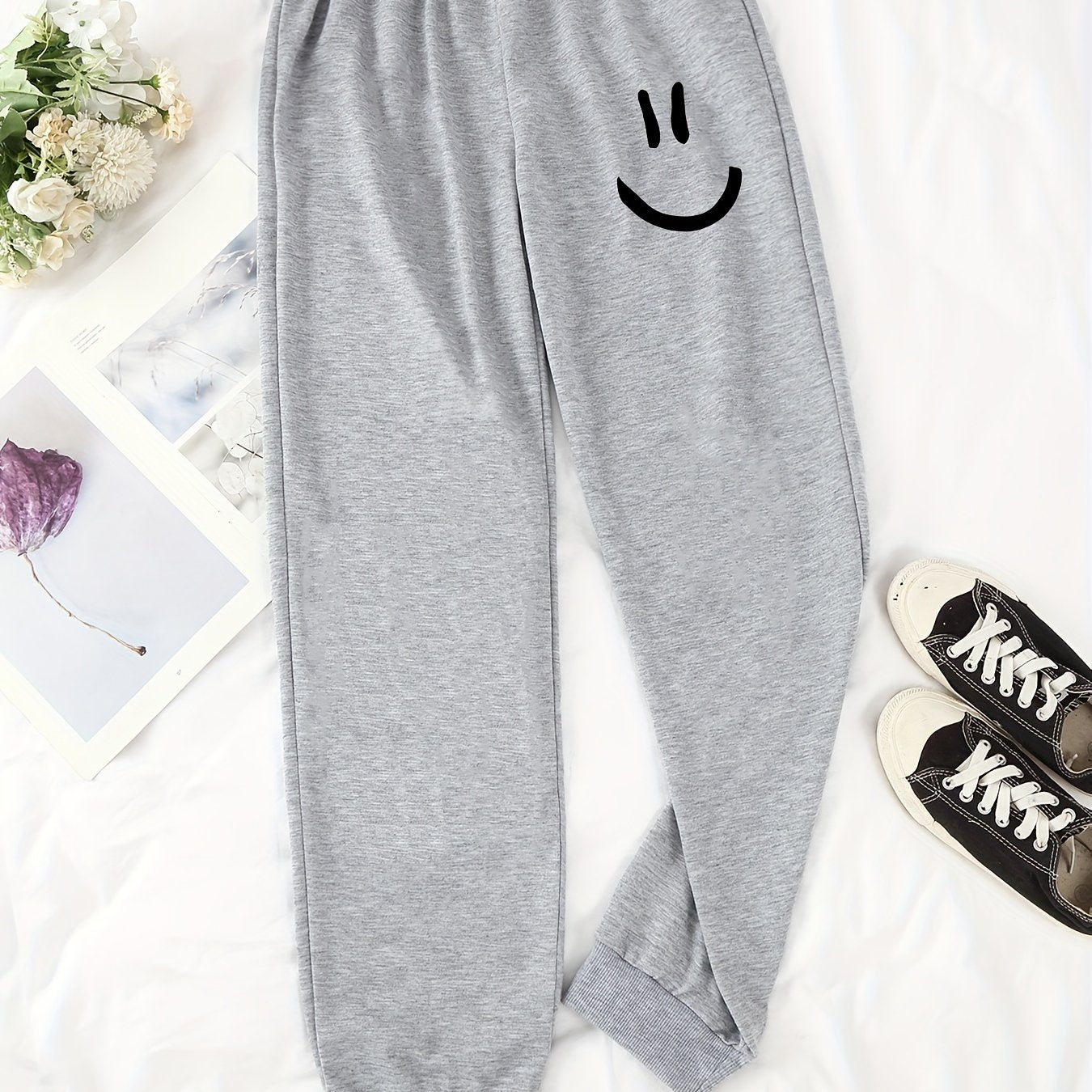 Smile Graphic Print Drawstring Jogger Sweatpants Women's Clothing