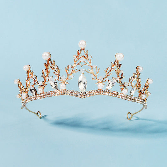 Vintage Golden Crown Tiara with Coral Pearl Rhinestone