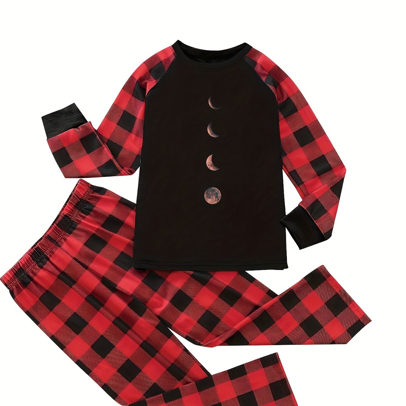 Moon & Plaid Print Raglan Sleeve Tee & Pants Lounge Set