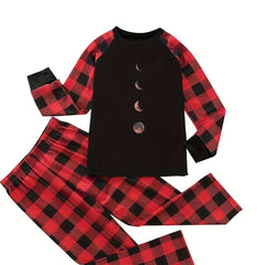 Moon & Plaid Print Raglan Sleeve Tee & Pants Lounge Set