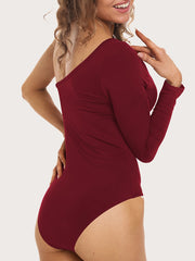 One Shoulder Skinny Bodysuit Solid Long Sleeve Stretchy Bodysuit