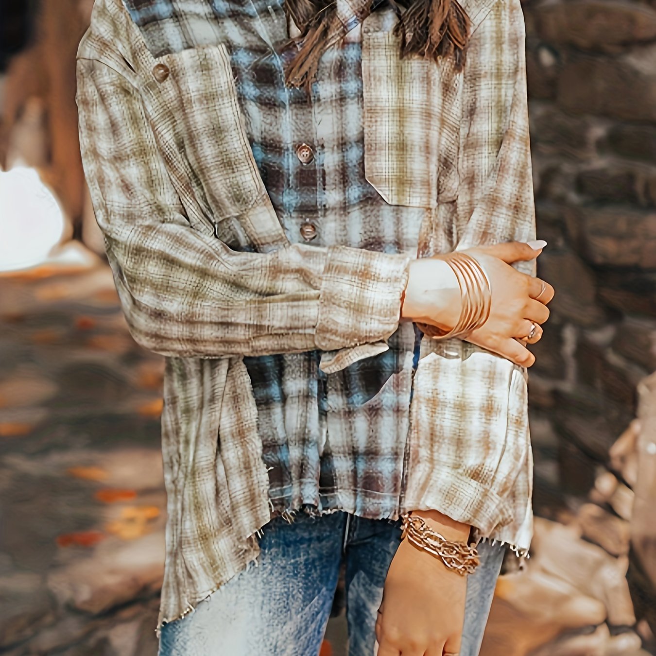 Plaid Print Sports Shirt Long Sleeves Loose Button Pocket Tops