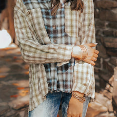 Plaid Print Sports Shirt Long Sleeves Loose Button Pocket Tops