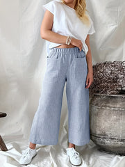 Striped Wide Leg Pants Elastic Waist With Pockets