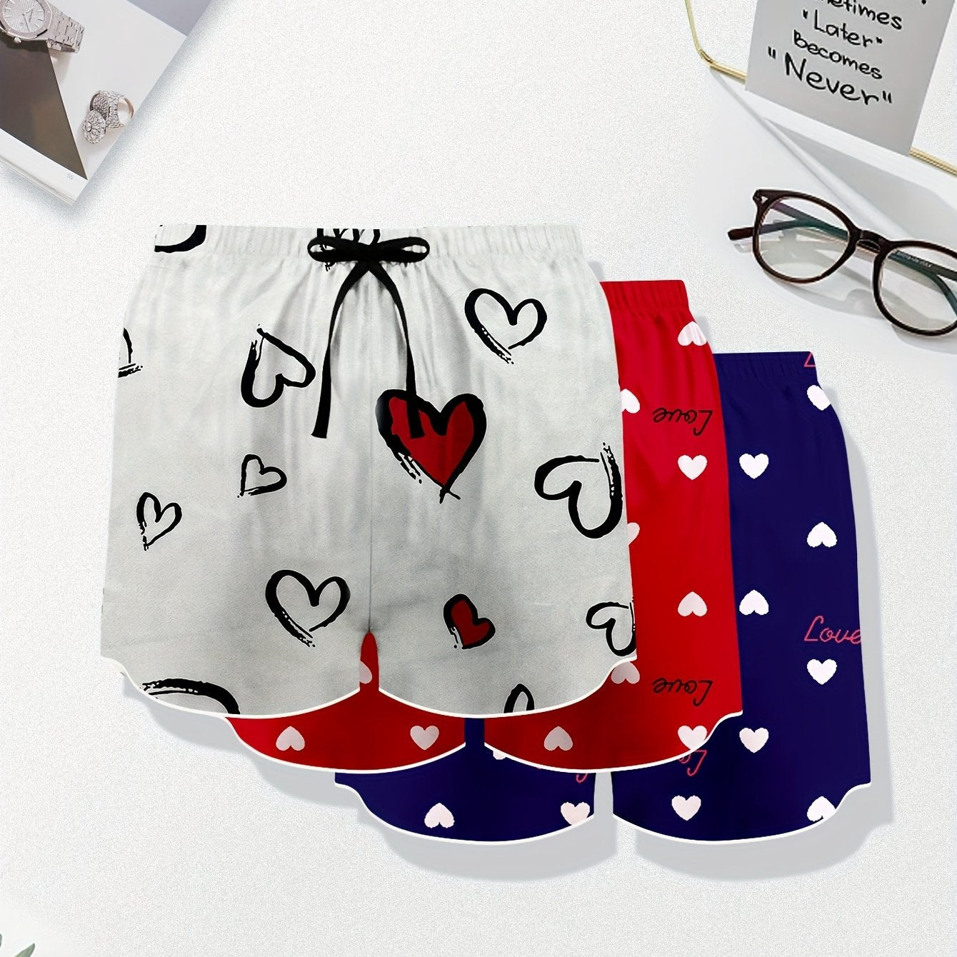Heart & Letter Print Satin Home Wear Shorts Set