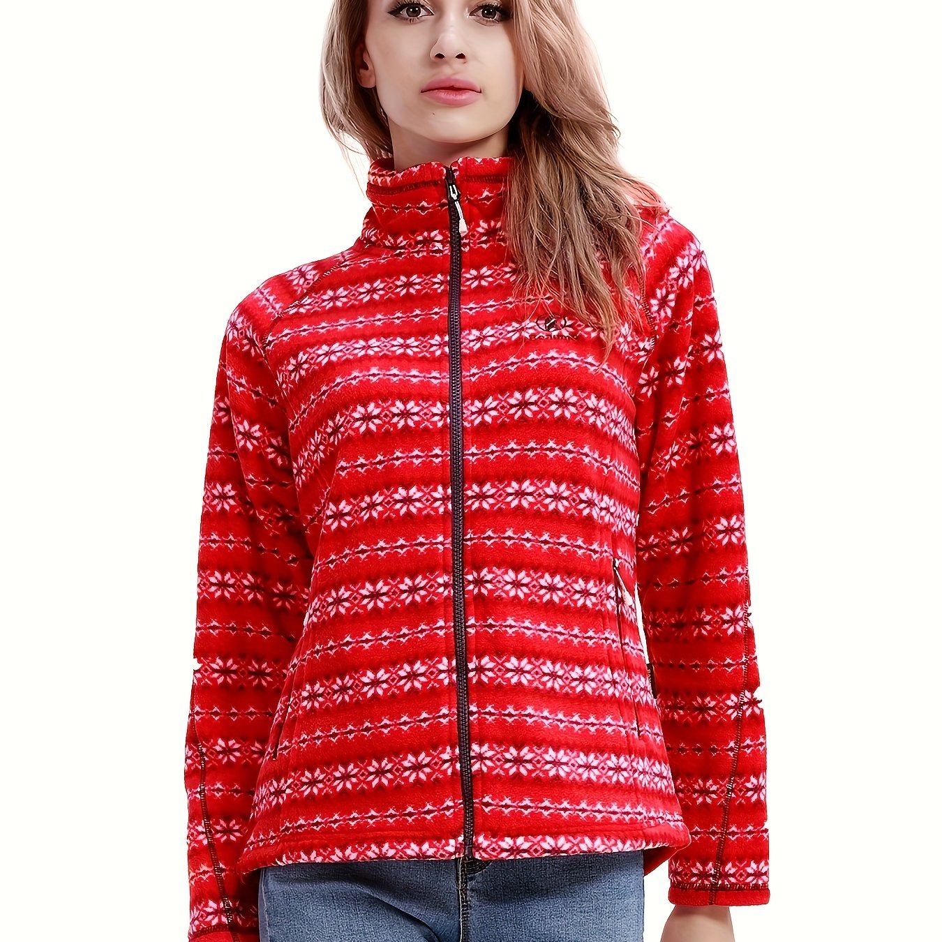 Women's Floral Print Zipper Front Long Sleeve Outdoor Jacket Coat