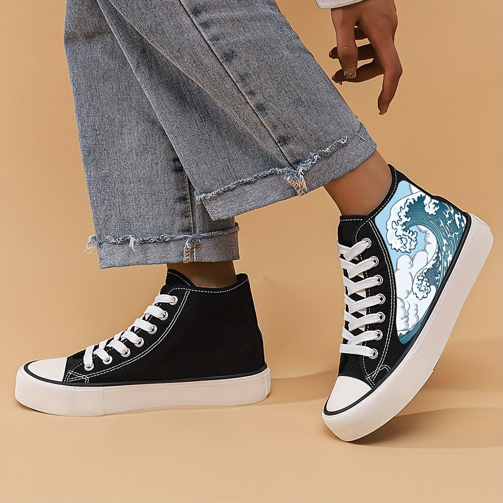 Women's High Top Canvas Skate Shoes with Wave Graphic