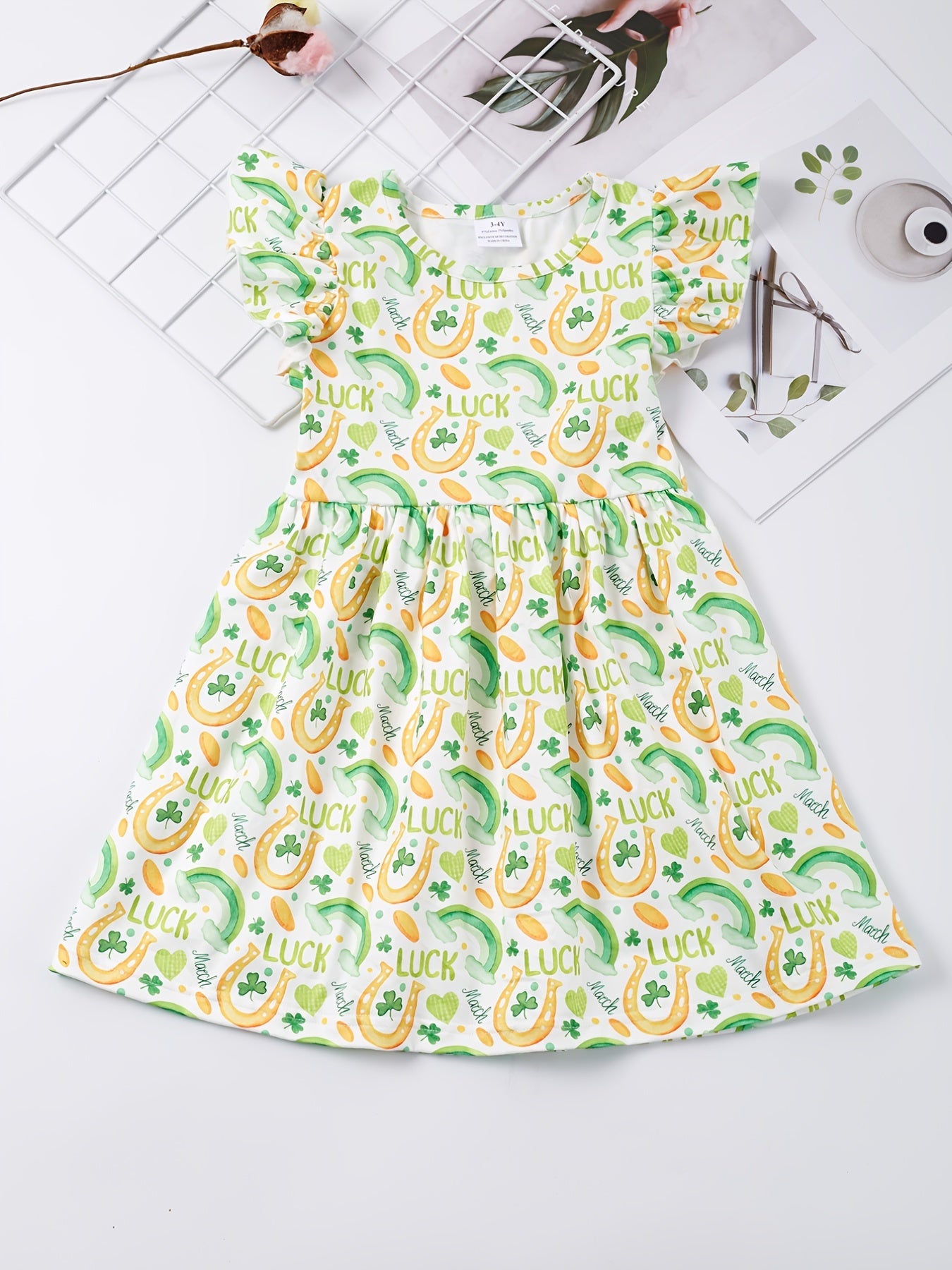Girls Ruffled Sleeves Crew Neck Easter Bunny Graphic Princess Dress