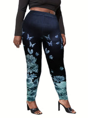 Plus Size Butterfly Floral Print High Rise Skinny Leggings