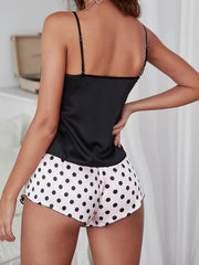 Polka Dot Pajama Set Lace Trim Cami Top & Shorts